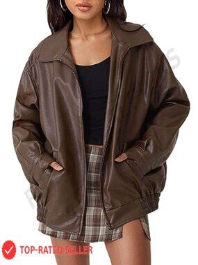 Oversized Faux Leather Motorcycle Jacket Vegan Zip Up Bomber